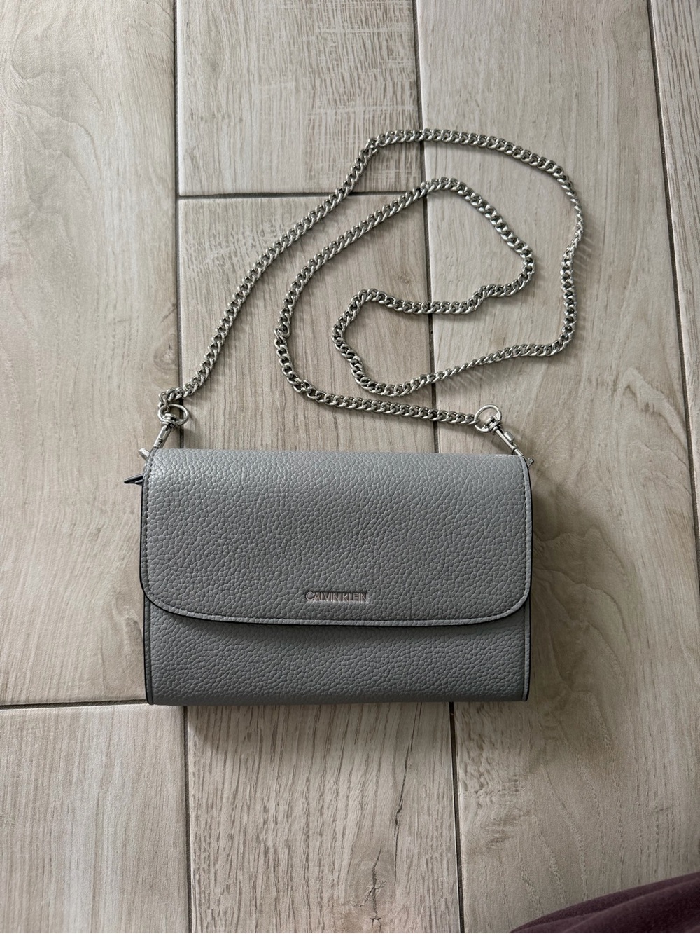 Calvin Klein Light Gray Pebbled Leather Crossbody with Silver Chain